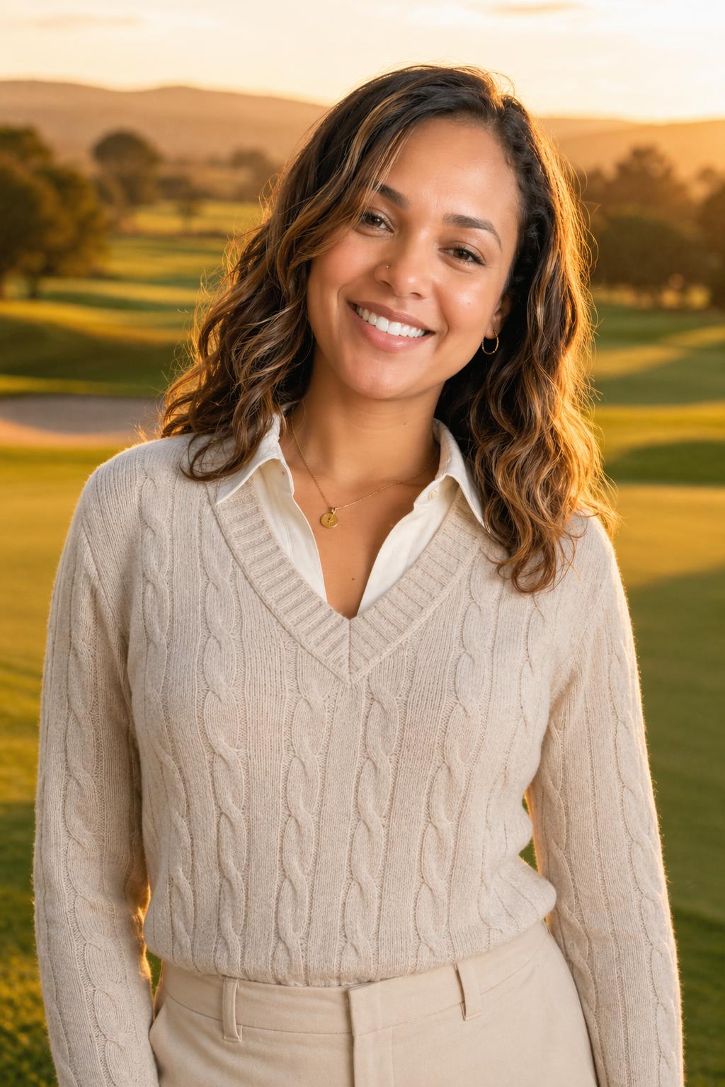 AI-generated golf course champion portrait at golden hour