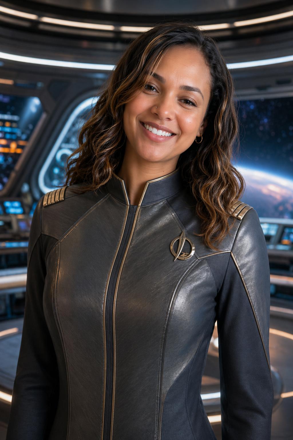 AI-generated space captain portrait on an orbital command bridge