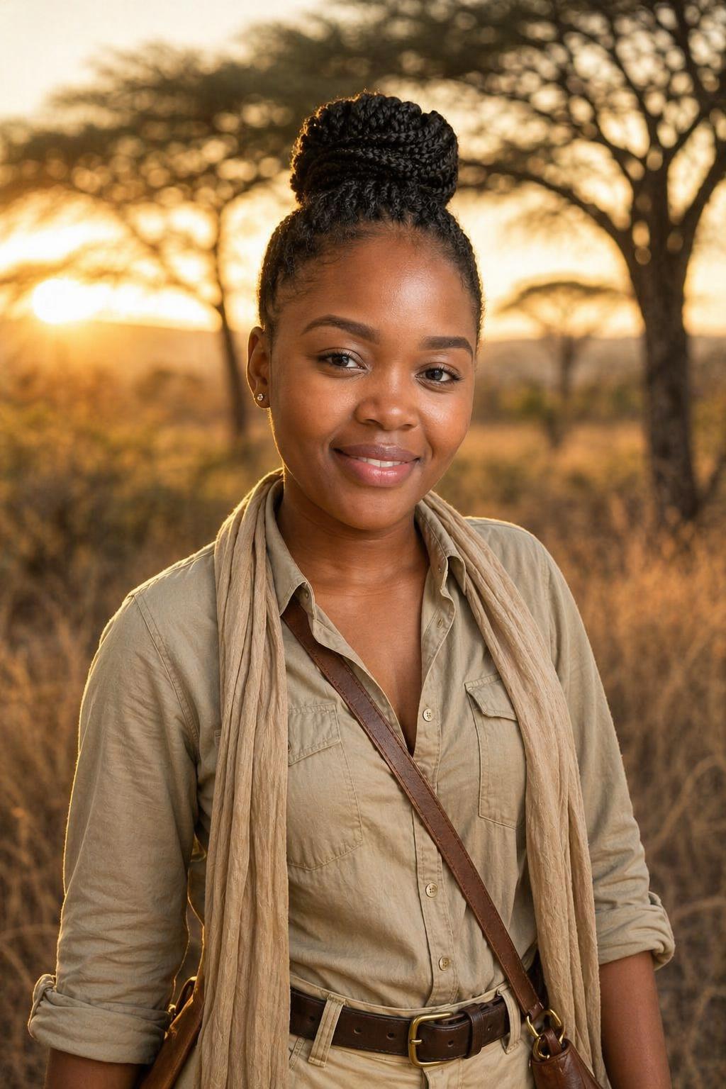 AI-generated safari explorer portrait at bushveld sunset