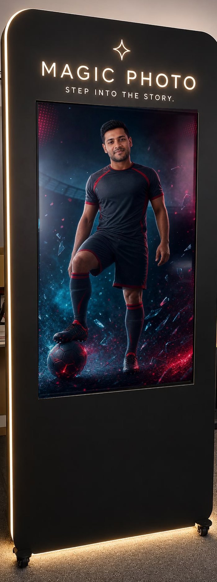 The Magic Photo booth: a tall black tower with a warm edge light running its full frame, a large portrait screen, and the sparkle mark glowing above the wordmark at the top.