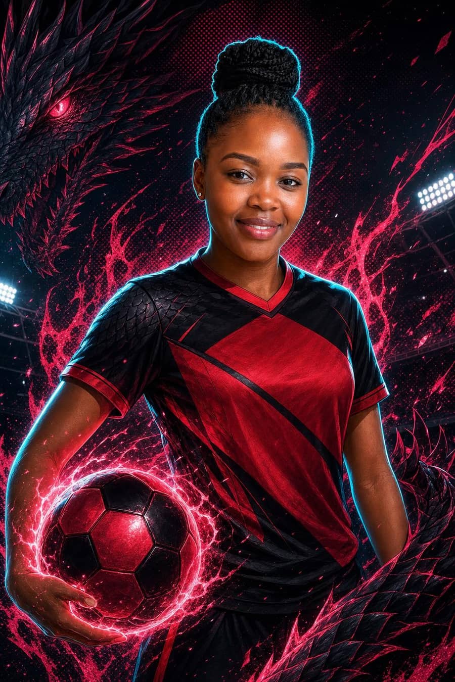 An illustrated animated-style hero render of a guest in football kit.