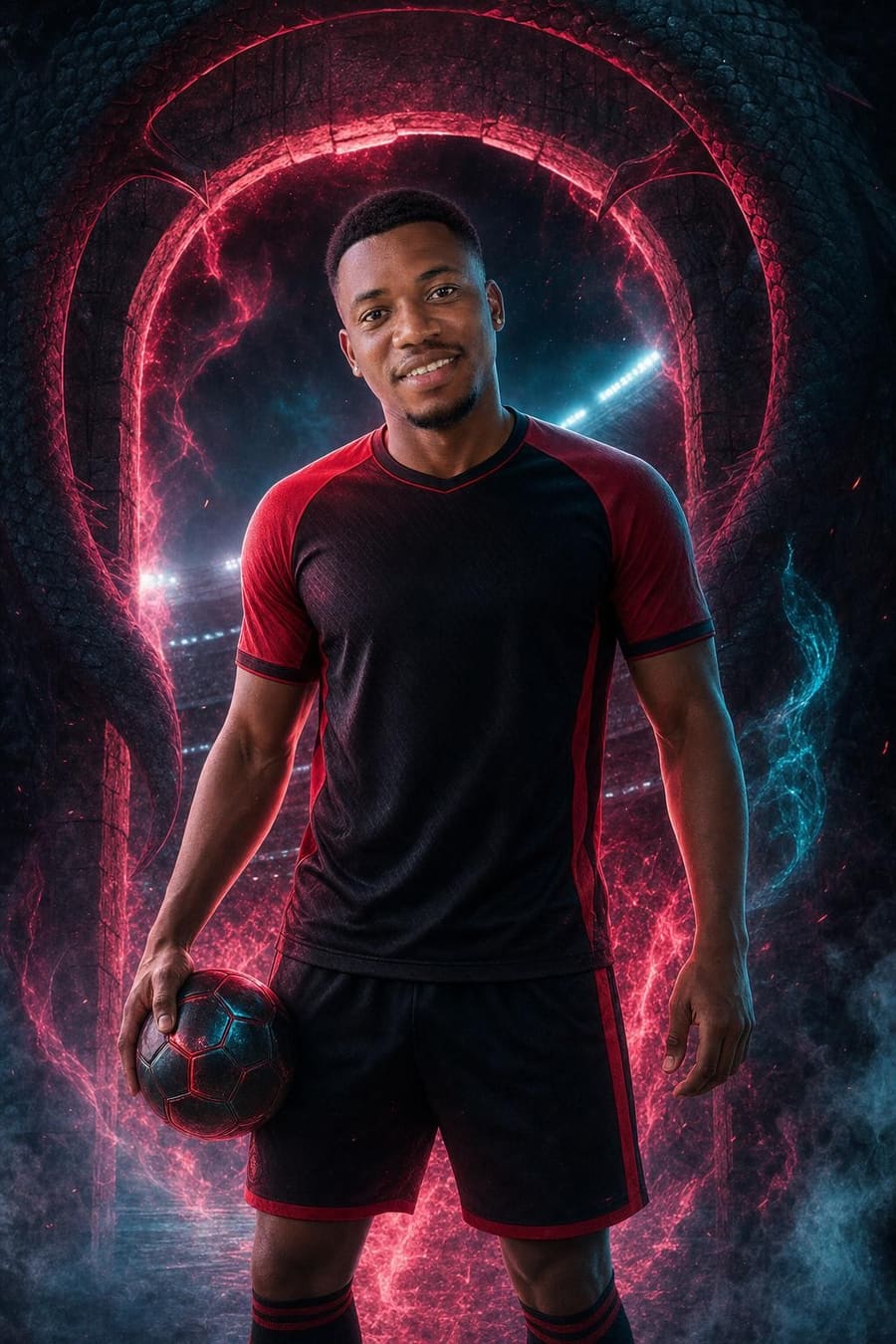 A footballer in a red and black kit holding a ball, lit by crimson dragon coils and stadium floodlights.