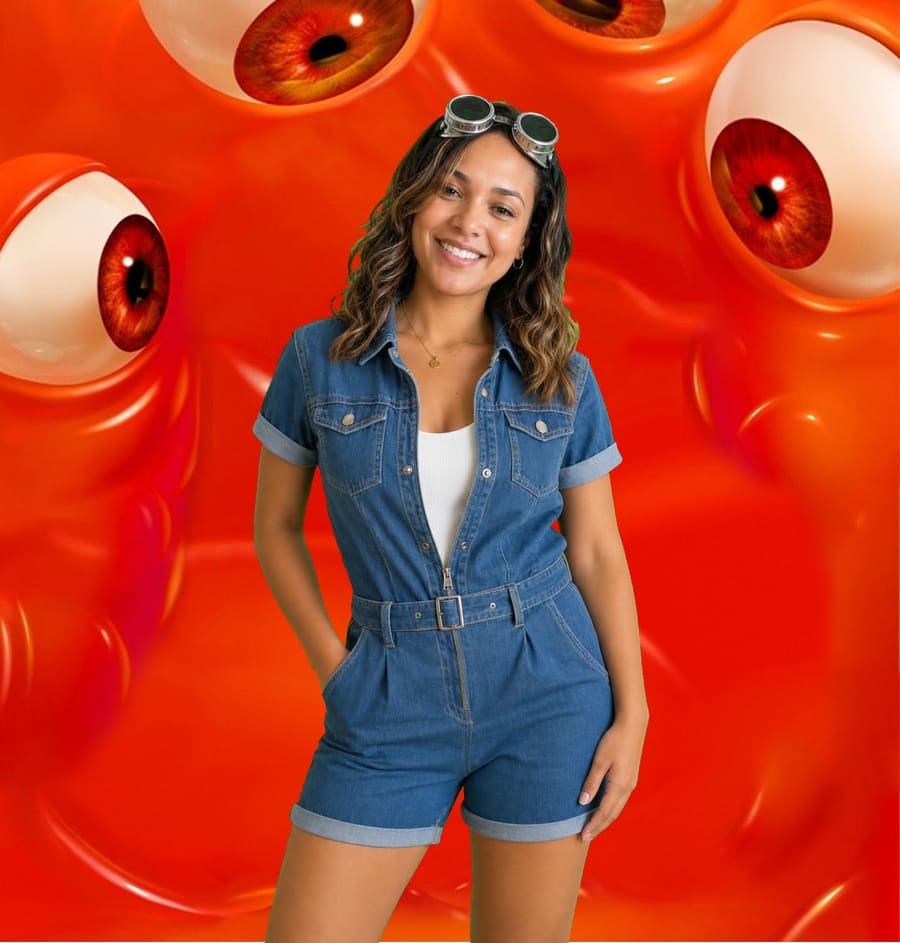 The guest in goggles and denim composited into the orange monster scene.