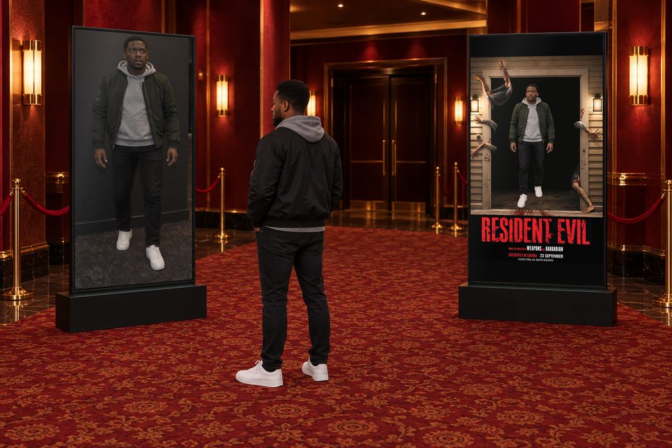 A dark red cinema foyer: a guest stands at a portrait mirror screen showing his own camera image, beside a separate display showing the finished Resident Evil poster.