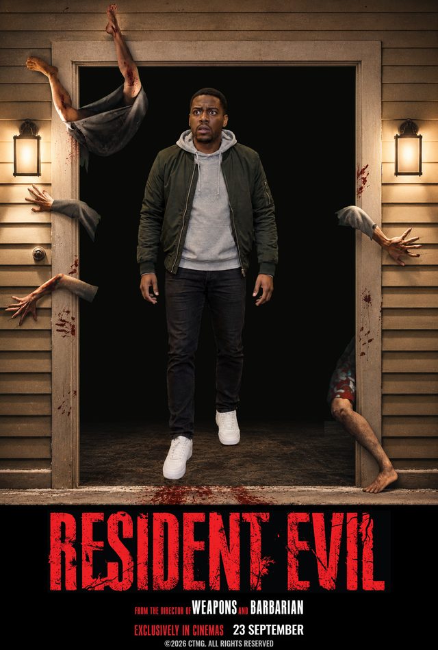 Resident Evil poster: a startled young man in a bomber jacket steps out of a dark doorway lined with grasping arms, above the red Resident Evil title.