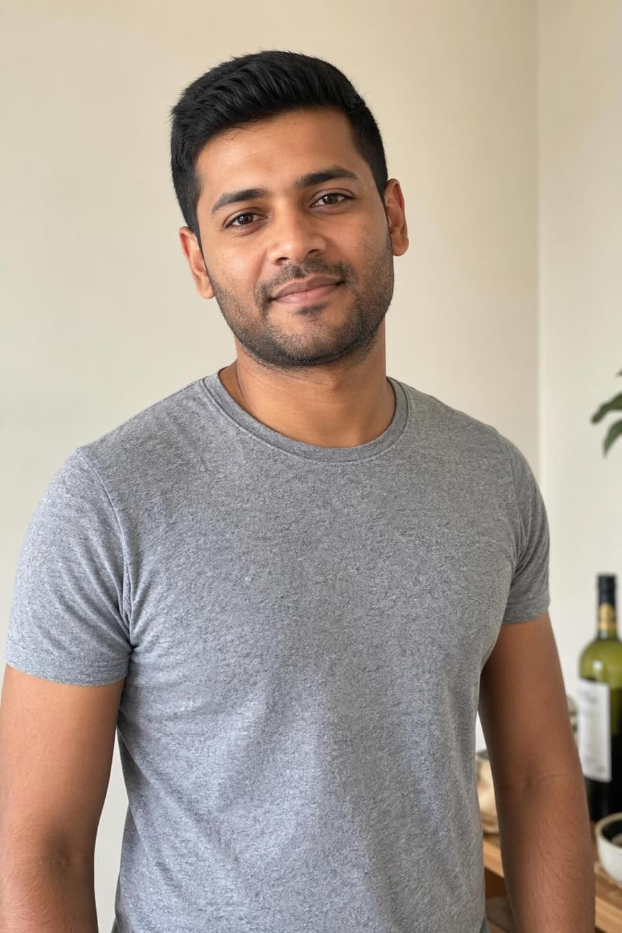 An ordinary phone photograph of a guest in a plain grey t-shirt standing in a room at home.