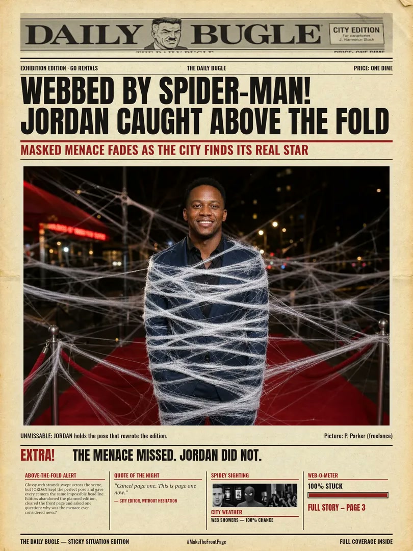 A Daily Bugle front page showing a guest caught in Spider-Man's web on a red carpet.