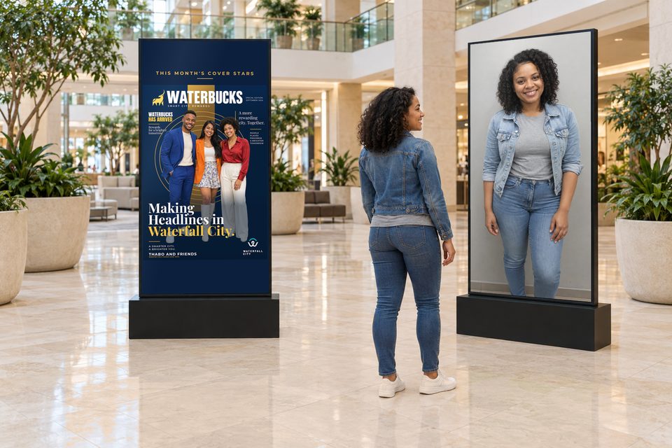 A bright mall atrium: a guest in a denim jacket stands at a portrait mirror screen showing her live camera image, while a separate display headed This month's cover stars shows a Waterbucks cover of three friends.