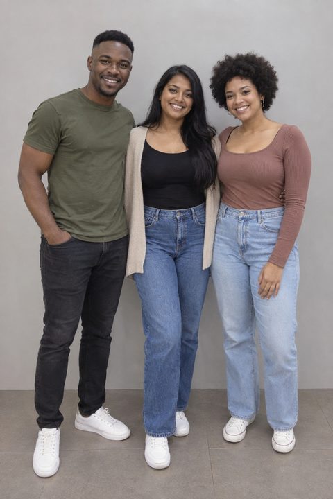 Their plain capture before the cover: the same three friends in casual tops and jeans against a plain grey wall.