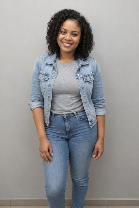 Her plain capture before the cover: the same woman in a denim jacket and grey t-shirt against a plain grey wall.