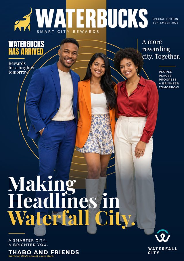 Group Waterbucks special edition cover: three friends in a cobalt suit, an orange blazer with a floral skirt, and a burgundy shirt with cream trousers, name plate Thabo and Friends.