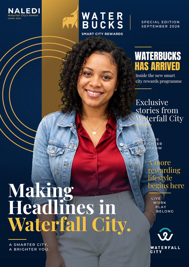 Navy and gold Waterbucks special edition magazine cover: a smiling woman with curly hair in a denim jacket over a burgundy top, under the name plate Naledi and the headline Making Headlines in Waterfall City.