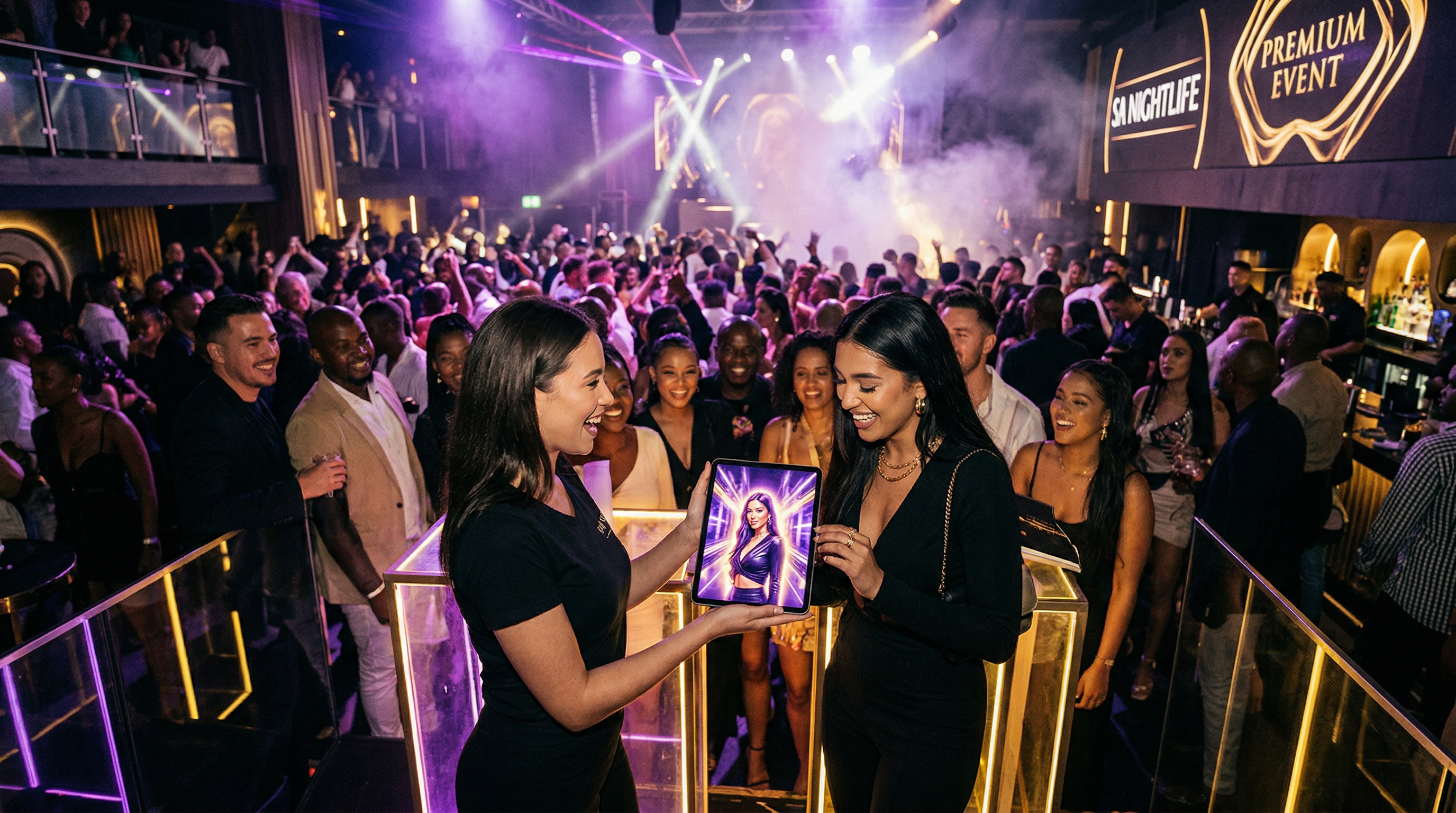 Brand promoter showing an AI-generated portrait to a guest at a nightclub activation