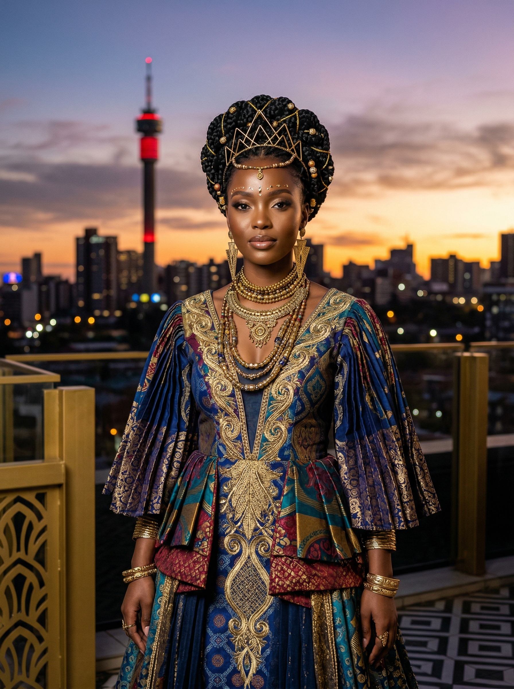AI-generated portrait of a South African woman as an Afro-futurist queen against the Johannesburg skyline