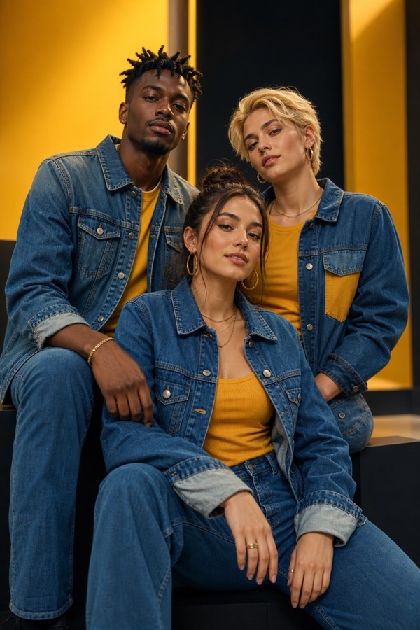 Group portrait in denim and yellow studio styling
