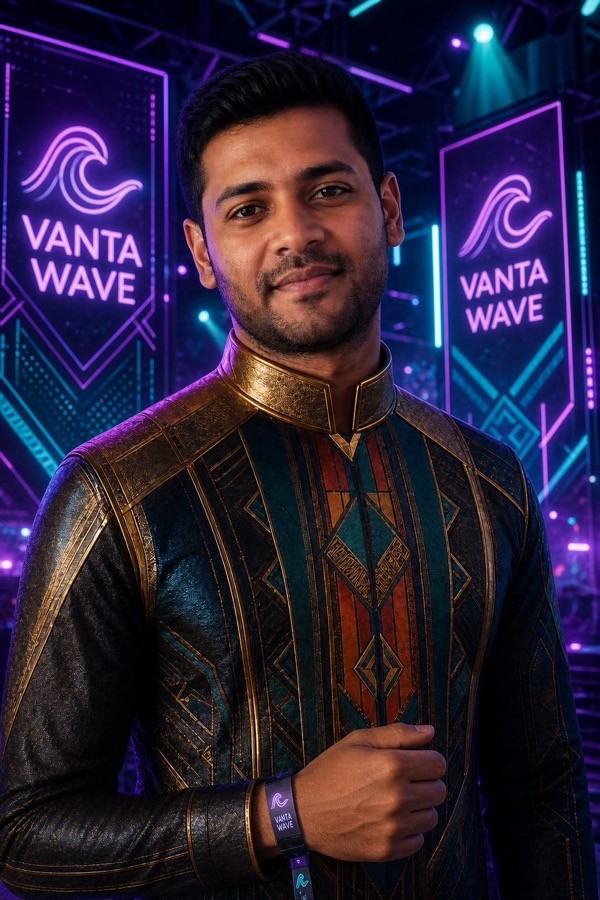 Branded Afrofuturist portrait for fictional Vanta Wave campaign