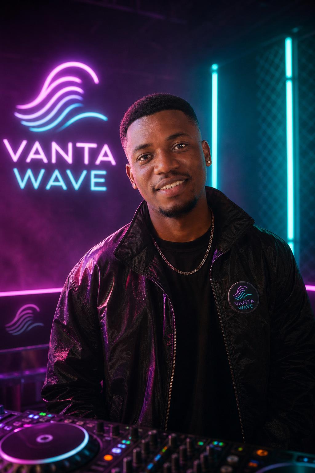 Branded Amapiano DJ booth portrait for fictional Vanta Wave campaign
