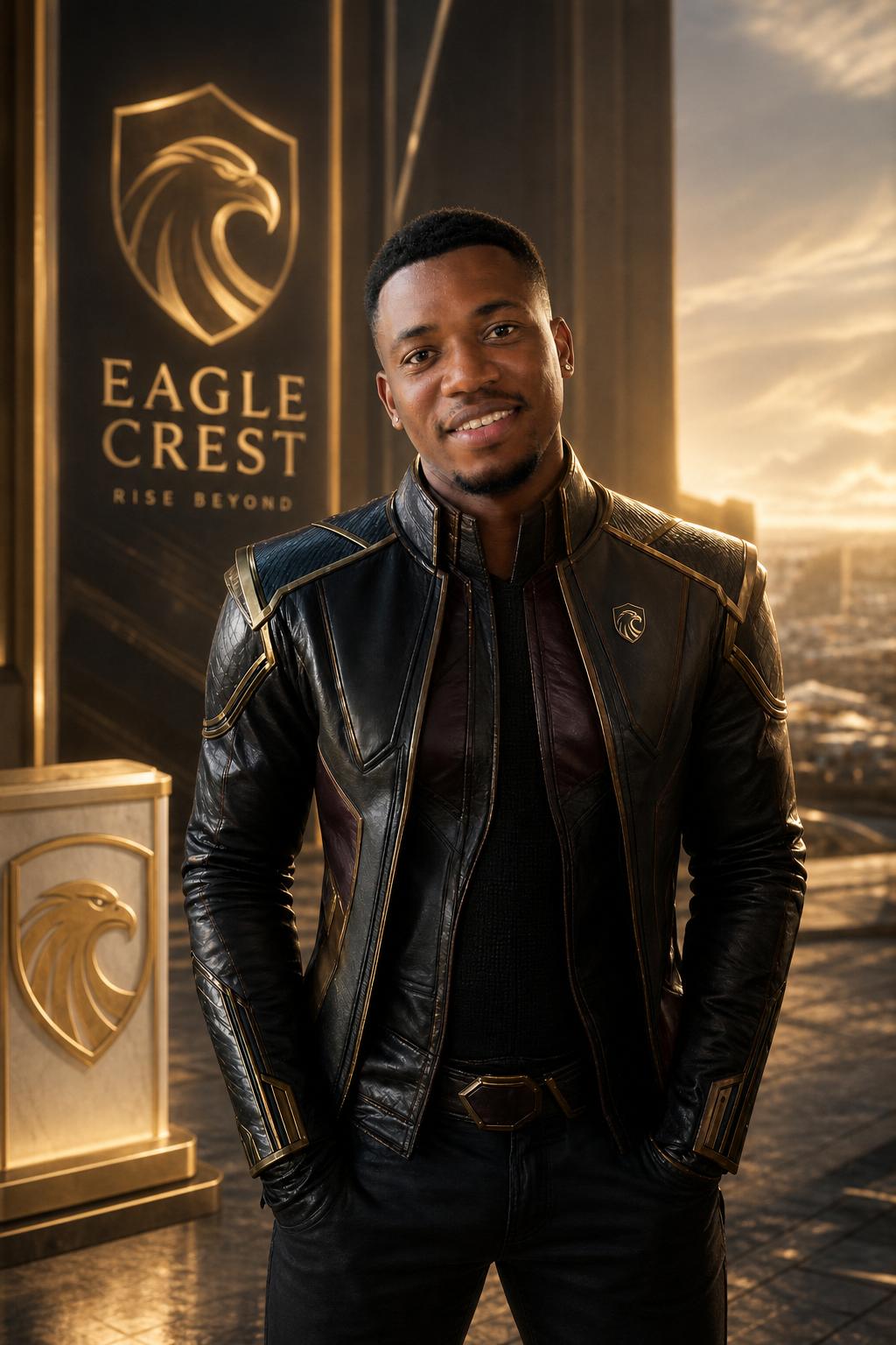 Branded photoreal superhero portrait for fictional Eagle Crest campaign