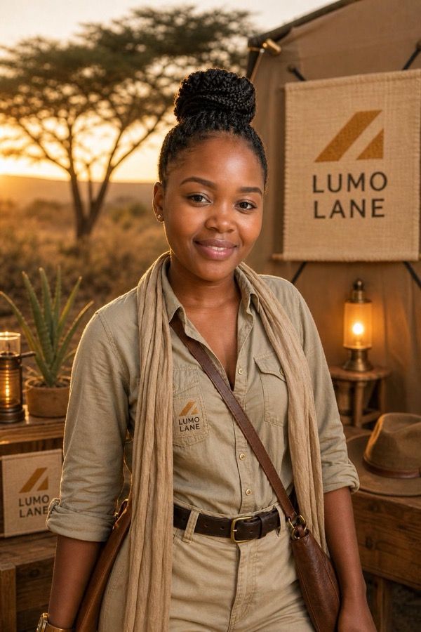 Branded safari explorer portrait for fictional Lumo Lane campaign