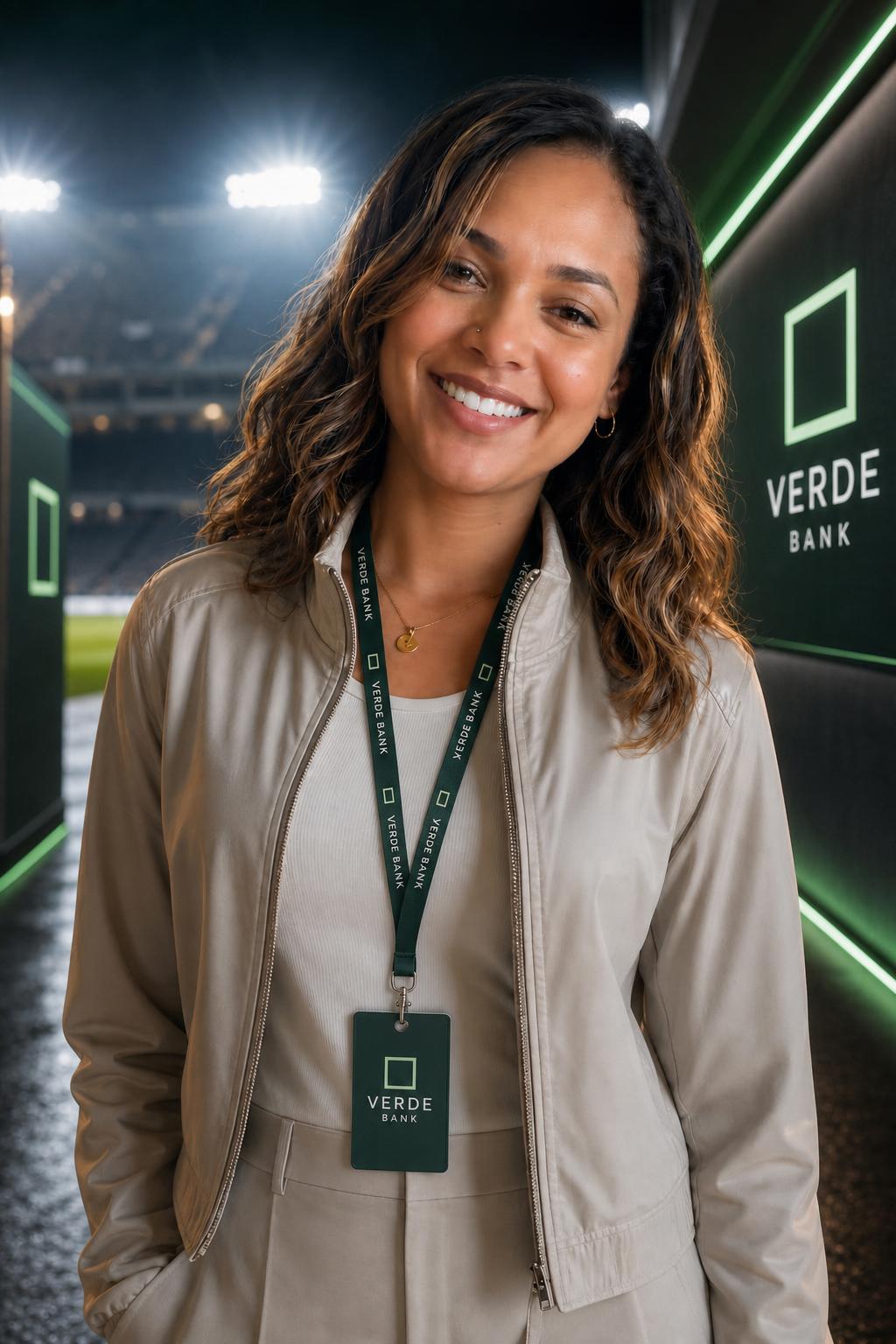 Branded stadium hero portrait for fictional Verde Bank campaign