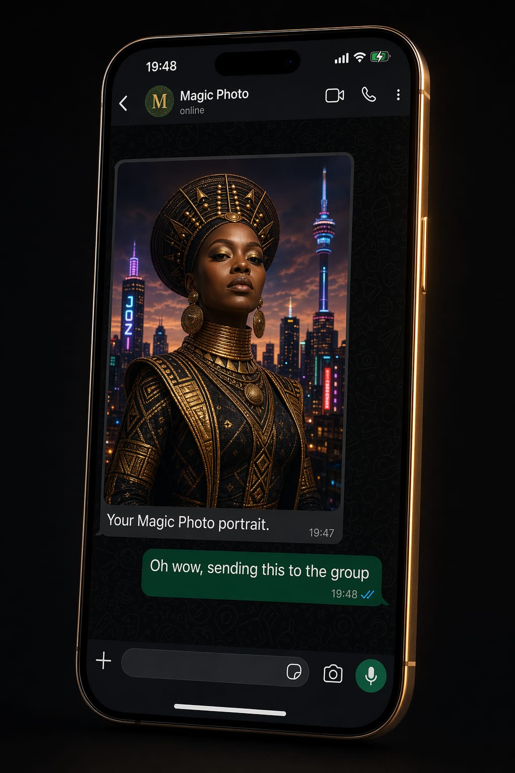 An iPhone showing a Magic Photo portrait being delivered to a guest via WhatsApp.