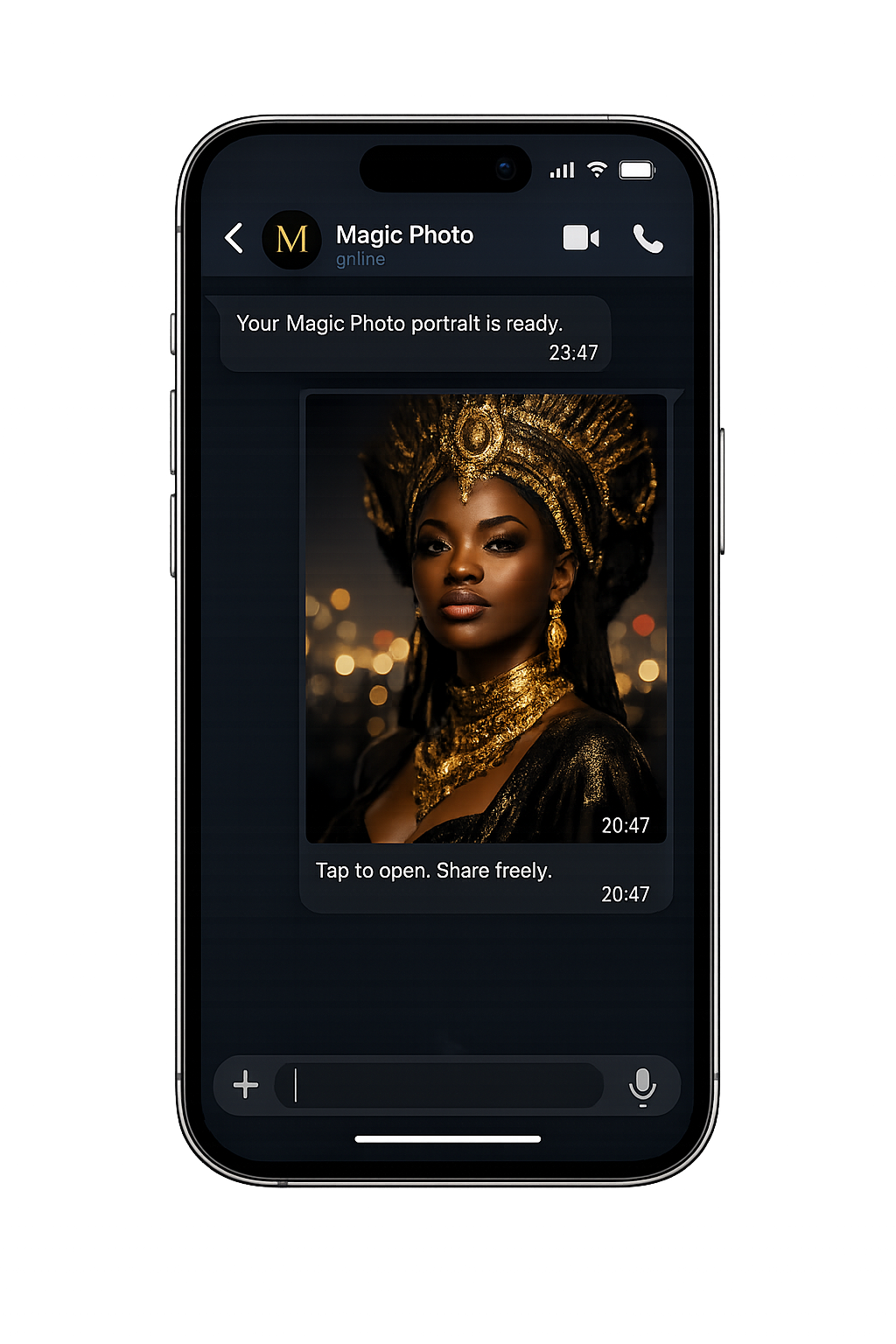 A Magic Photo portrait being delivered via WhatsApp to a guest's phone, seconds after capture at a live event.